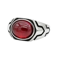 Vintage stainless steel ring with a large oval red gemstone and black geometric patterns - Size 7 / Red (Red Stone)