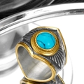 Retro roestvrijstalen ring met verengravure en turquoise steen in zilver en goud - US 7 / Tweekleurige Blauwe Steen