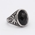 Bague rétro en acier inoxydable avec pierre noire ovale et gravure de cocotier - Pierre Noire Facettée