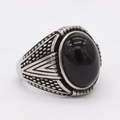 Vintage men's titanium steel ring with oval black gemstone and textured relief design - Size 8 / Geometric Texture (Style 1)