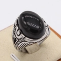Vintage oval black gemstone ring for men with engraved feather patterns on silver steel - Size 8 / Feather Relief (Style 4)