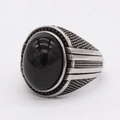 Retro stainless steel ring with large oval black gemstone and textured band details - Size 8 / Horizontal Stripes (Style 2)