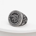 Vintage silver Viking ring with Direwolf totem and Runic alphabet engravings for men - US 7 / Steel
