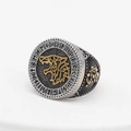 Vintage Viking direwolf signet ring for men with golden wolf head and runes in silver finish - US 7 / Gold & Silver