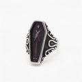 Gothic coffin ring in vintage silver finish with purple skull detail and scrolls - US 7 / Purple