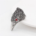 Vintage silver eagle head ring for men with detailed feathers and red crystal eyes - US 7 / Steel