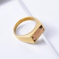 Anillo minimalista de acero titanio dorado con gema de ámbar rectangular en fondo blanco - US 7 / Dorado