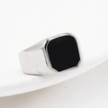Anillo de sello en acero inoxidable plateado pulido con piedra de ágata negra - US 7 / Color acero con aceite negro
