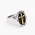 Anillo de sello vintage en acero con cruz dorada y grabado de SWIM SINK - US 7 / Oro y Plata