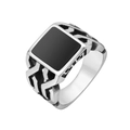 Anillo de sello retro para hombre en acero con gema negra y detalles geométricos - Acero Piedra Negra
