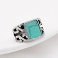 Retro steel ring with rectangular turquoise gemstone and geometric hollow patterns - US 7 / Steel Green Stone