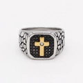 Anello da uomo quadrato retrò argento con croce dorata e zircone centrale brillante - US 7 / Oro e Argento
