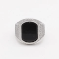 Mens silver stainless steel ring with rectangle black stone and micro-pave zirconia - Size 7 / Steel Black Stone