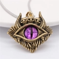 Gothic Halskette mit lila Dämonenauge und bronzefarbenen Totenkopf Details - Gold Lila Augen Anhänger Ohne Kette