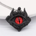 Gothic Teufelsauge Halskette mit rotem Stein und Totenkopf-Details in schwarzem Finish - Elektroschwarz Rotes Auge Anhänger Ohne Kette