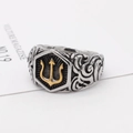 Vintage silver steel ring for men featuring a gold trident emblem in a hexagonal shield - US 7 / Gold & Silver