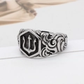 Retro trident stainless steel signet ring with engraved scroll patterns and hexagon face - US 7 / Steel