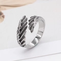Retro oxidized silver feather wing open ring made of durable titanium steel for men and women - US 7 / Steel