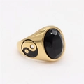 Vintage gold-plated titanium steel ring featuring an oval black gemstone and Yin Yang symbol - US 7 / Gold Tone Faceted Black Stone