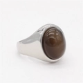 Bague en acier inoxydable poli avec une grande pierre œil de chat brune de forme ovale - Couleur Acier Pierre Café