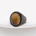Bague vintage avec oeil de tigre ovale et anneau en acier inoxydable noir poli - Oeil de tigre noir