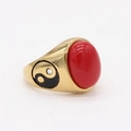 Vintage gold titanium steel ring featuring an oval red stone and yin yang side detail - Gold Tone Vermilion Stone