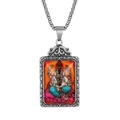 Vintage Ganesha pendant necklace in silver stainless steel with colorful lotus deity artwork - Steel Red Ganesha Pendant Only (Without Chain)