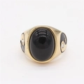 Gold-tone titanium men's ring with oval black gem and Yin Yang symbols - Gold Black Stone