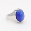 Bague en acier titane avec pierre œil de chat bleue ovale et finition argentée - Acier Pierre Bleue