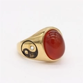 Vintage gold titanium steel ring with red carnelian stone and yin yang side detail - Gold Orange Stone