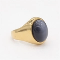 Bague pour hommes en acier titane doré avec grande pierre œil de chat ovale bleue - Pierre Grise Dorée