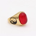 Retro gold men's ring featuring a large red oval stone and engraved Yin Yang symbols - Gold Red Stone