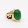Vintage gold titanium steel ring with green oval gemstone and yin yang symbol detail - Gold Green Stone