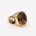 Golden signet ring with oval tiger eye stone and yin yang tai chi side design - Gold Tiger Eye