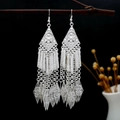 Orecchini etnici con nappe lunghe in argento con pendenti geometrici stile bohémien - E3502-4 (Nappa a Rombo Geometrico Multistrato) / Argento