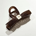Matte tortoiseshell hair claw clip with white square plaque and gold dog logo emblem - Bow Pony Shape Hair Claw