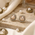 Elegant champagne square crystal earrings with gold trim and halo diamond design - E315-1