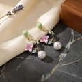 Elegant gold flower earrings with pink enamel petals, blue leaves and white pearls - E3492