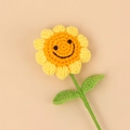 Handmade crochet sunflower with a cute smiling face and bright yellow yarn petals - Yellow Sunflower Stem With 5 Smiley Faces And 2 Leaves (40cm Stem)