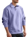 Detail of cable-knit texture and blue elbow patches on light purple men's polo sweater - Light Purple