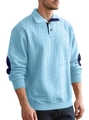 Close-up of light blue cable-knit polo shirt with elbow patches and ribbed cuffs - Sky Blue