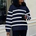 Oversized navy and white striped long sleeve knit sweater in casual relaxed fit - XS / Navy White Striped