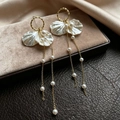 Elegant white petal earrings with long pearl tassels and golden finish details - White Pearlescent Petal Tassel Style (E4344/Silver Needle)