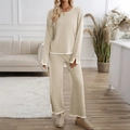 Women's knit loungewear set in beige with white contrast trim and wide leg pants - 2XL / Camel