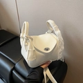 Sac à épaule en cuir PU blanc élégant avec poignée en ruban dentelle et fermoir pivotant - Blanc