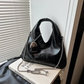 Black glossy pleated leather crossbody bag with chain strap and heart charm - Black
