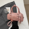 Elegant light pink leather bowling handbag with silver hardware and shoulder strap - Pink Without Pendant