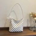 Borsa a secchiello in tela bianca a pois neri con delicato fiocco in pizzo - Pois Bianchi