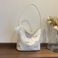 Borsa tote bianca a pois con fiocco in pizzo e scritte nere sweet in stile romantico - Bianco