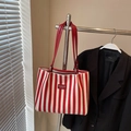 Sac fourre-tout en toile à rayures rouges et blanches avec lanières en cuir rouge - Sans Pendentif / Rouge
